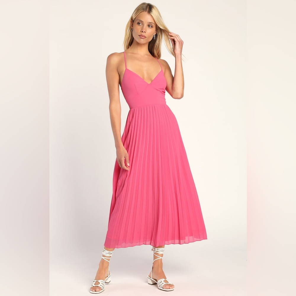 Lulu’s Perfectly Passionate Hot Pink Pleated Sleeveless Midi Dress